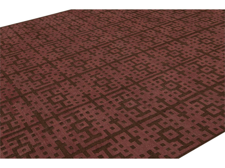 Modern Kilim Handmade Maroon and Brown Geometric Pattern Wool Rug