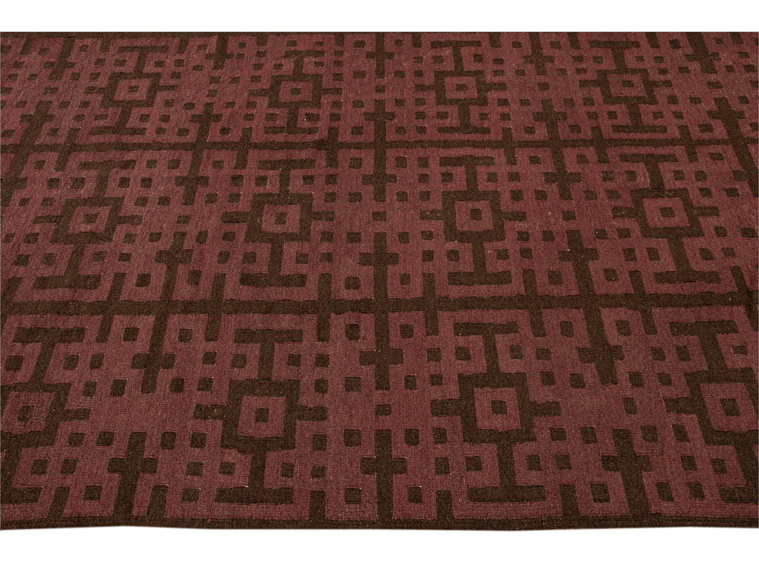 Modern Kilim Handmade Maroon and Brown Geometric Pattern Wool Rug
