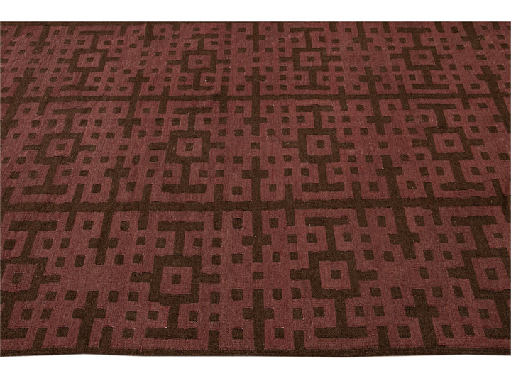 Modern Kilim Handmade Maroon and Brown Geometric Pattern Wool Rug