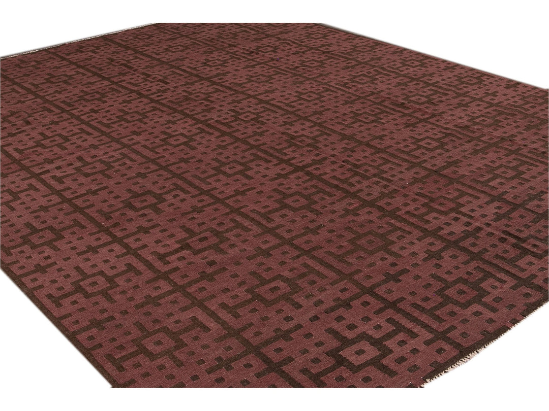 Modern Kilim Handmade Maroon and Brown Geometric Pattern Wool Rug