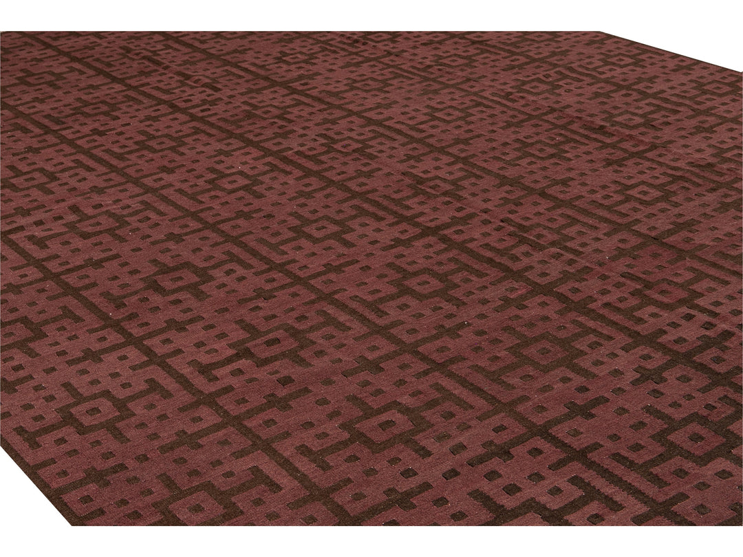Modern Kilim Handmade Maroon and Brown Geometric Pattern Wool Rug