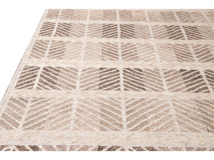 Modern Swedish Style Handmade Beige and Brown Oversize Designed Wool Rug