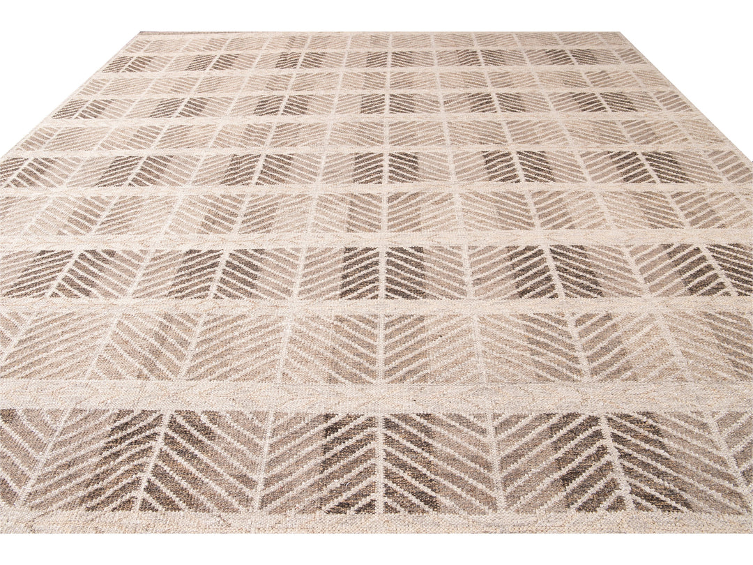 Modern Swedish Style Handmade Beige and Brown Oversize Designed Wool Rug