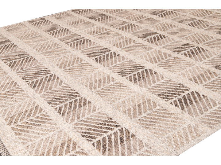 Modern Swedish Style Handmade Beige and Brown Oversize Designed Wool Rug