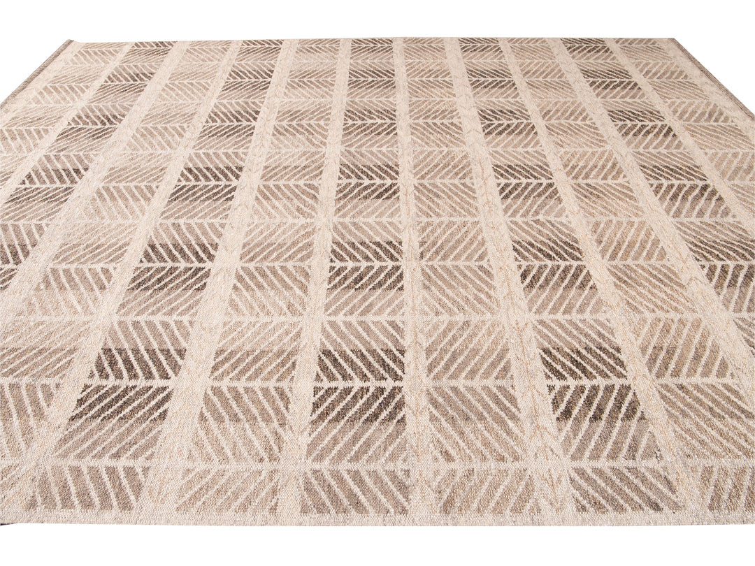 Modern Swedish Style Handmade Beige and Brown Oversize Designed Wool Rug