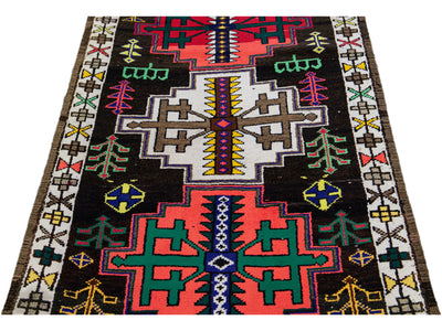 Vintage Brown Turkish Handmade Multicolor Tribal Pattern Wool Runner
