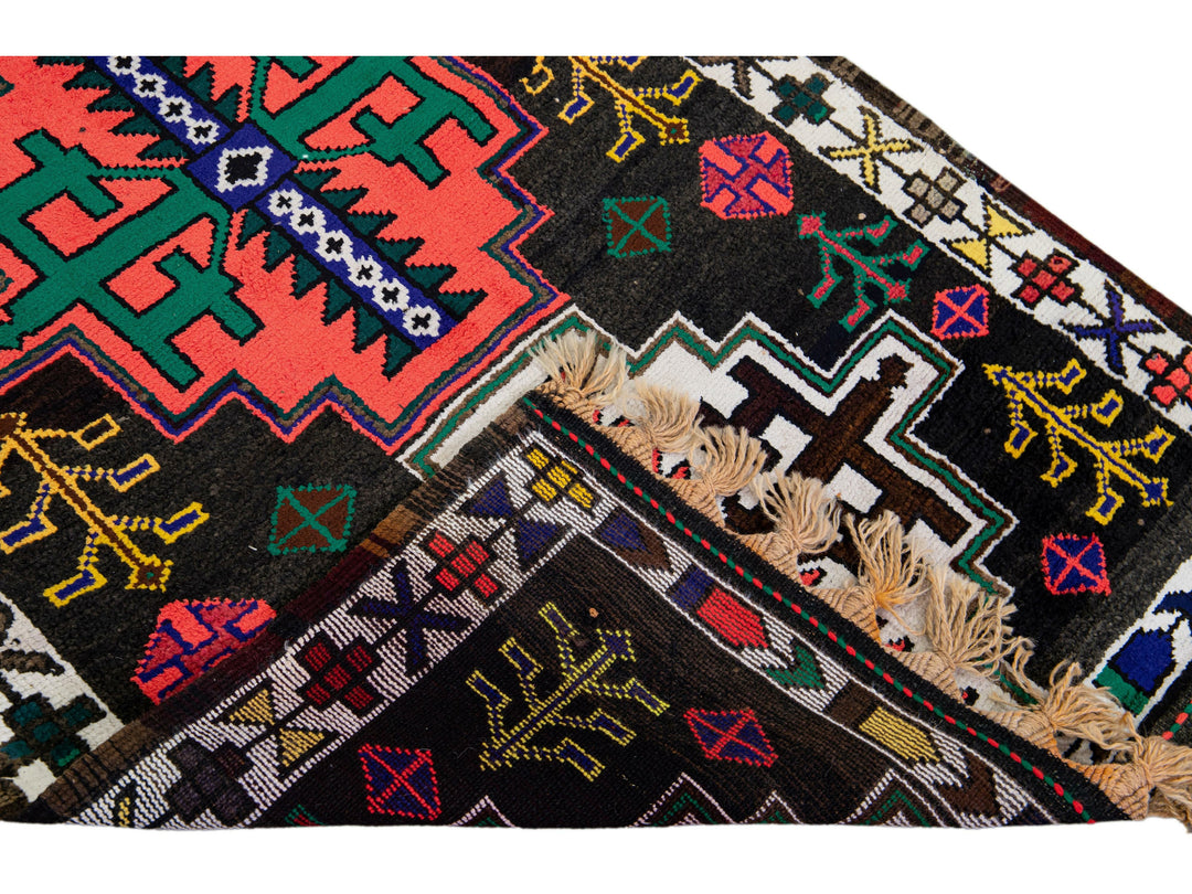 Vintage Brown Turkish Handmade Multicolor Tribal Pattern Wool Runner