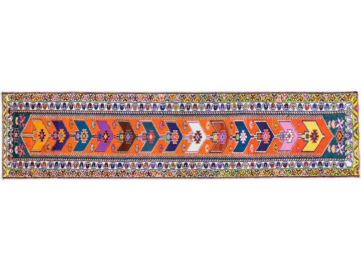 Orange Vintage Turkish Handmade Multicolor Tribal Designed Wool Runner