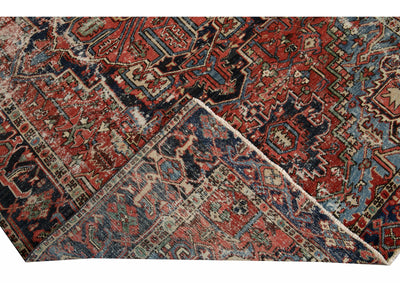 Red Antique Persian Heriz Handmade Wool Rug With Medallion Design