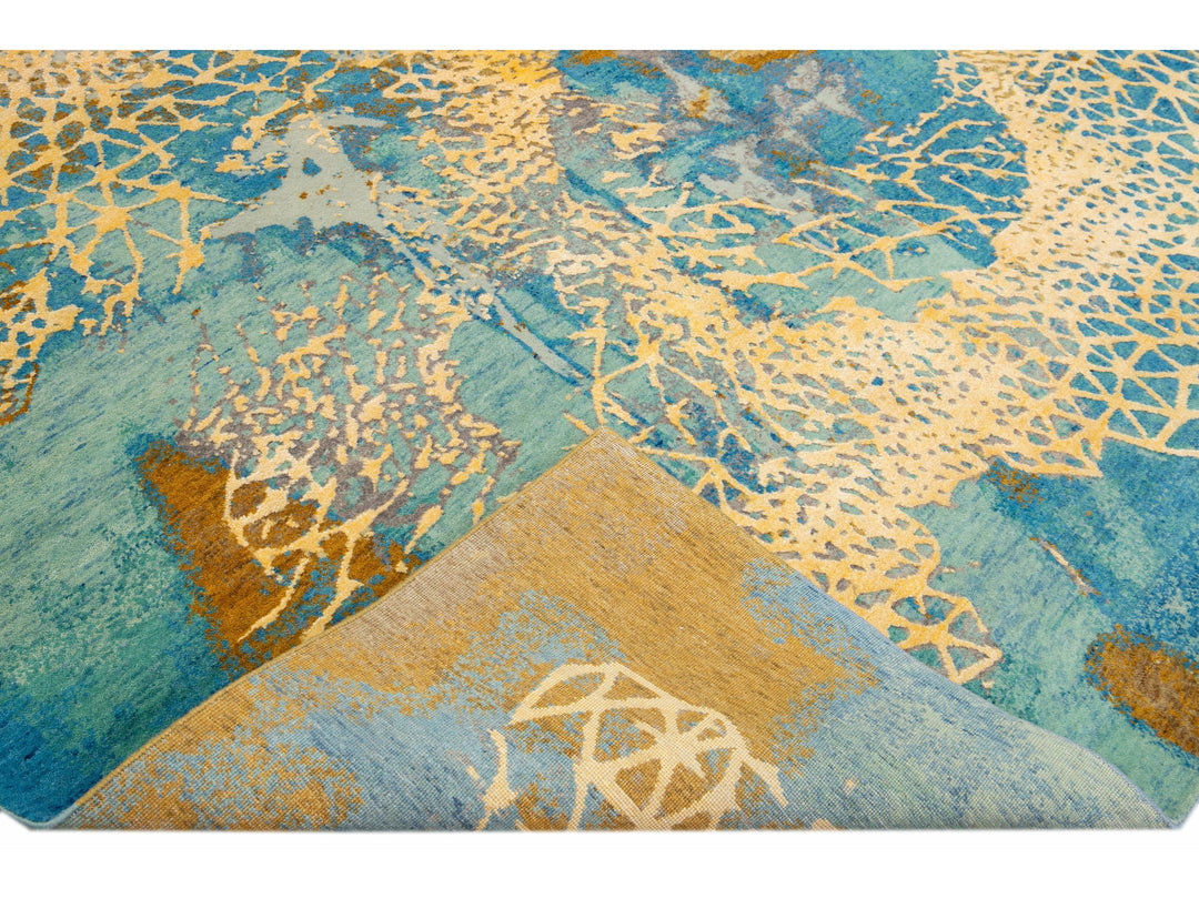 Modern Golden And Teal Abstract Indian Handmade Coastal Designed Wool & Silk Rug