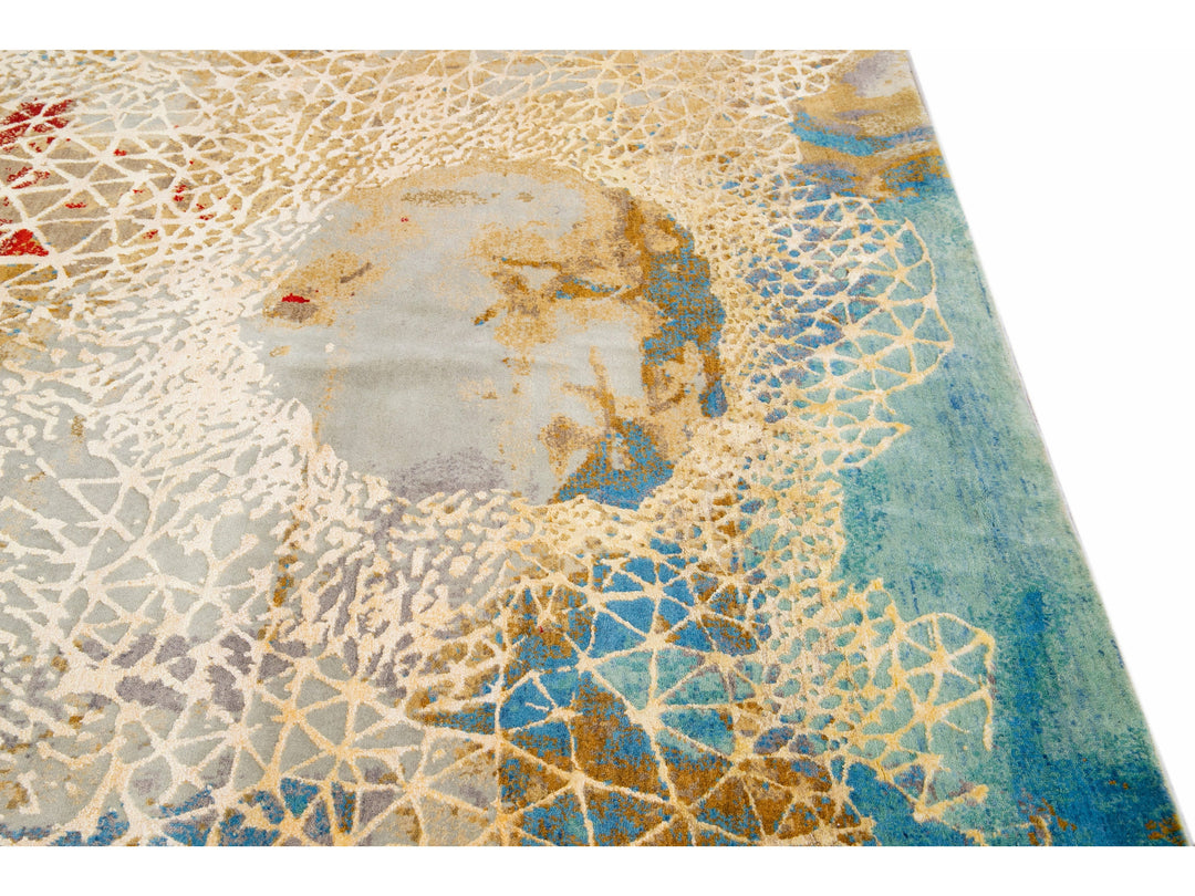 Modern Abstract Wool & Silk Rug 9 X 12