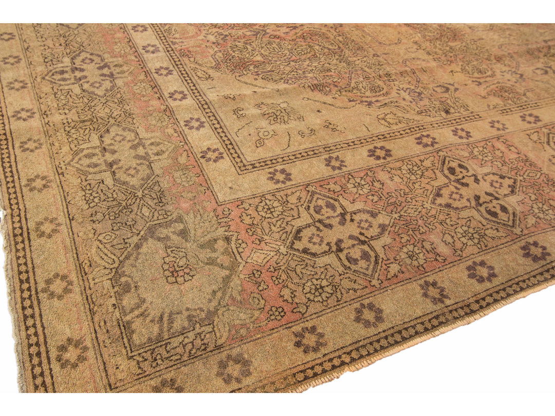 Antique Tabriz Handmade Medallion Designed Tan Persian Wool Rug
