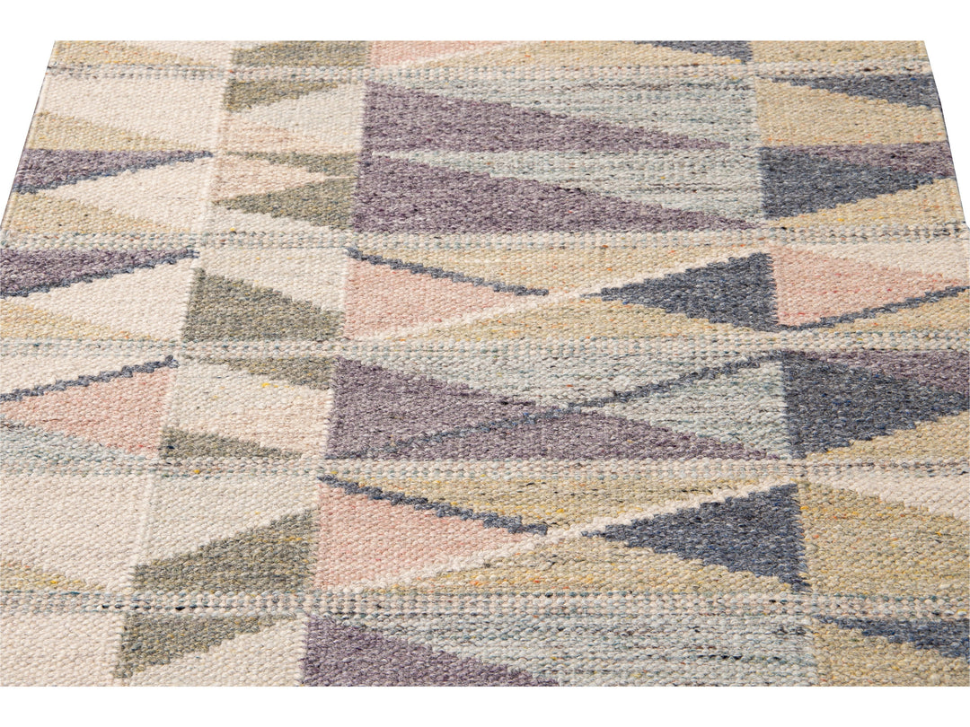 Modern Swedish Style Handmade Multicolor Geometric Abstract Wool Runner