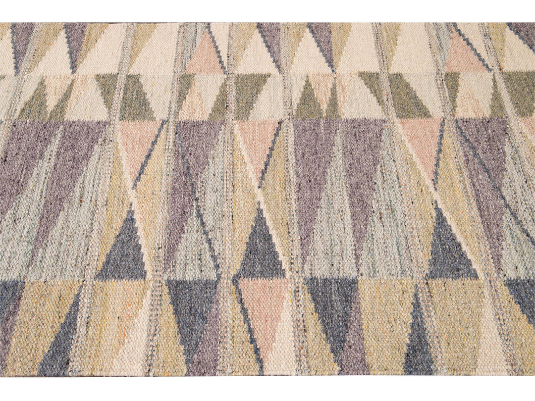 Modern Swedish Style Handmade Multicolor Geometric Abstract Wool Runner