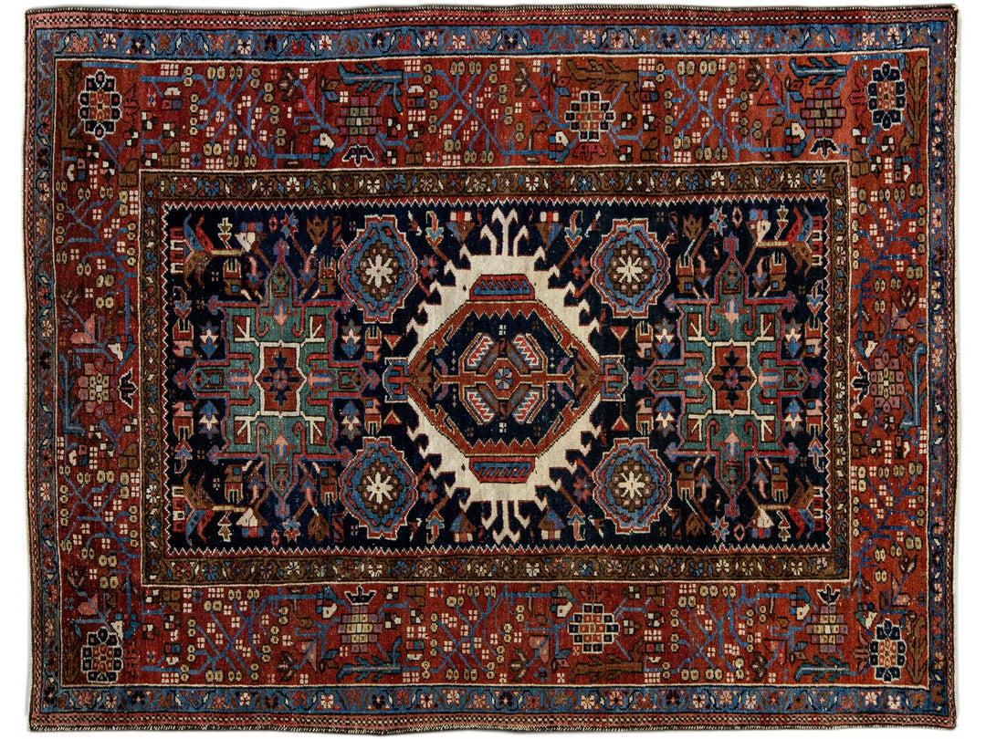 Antique Heriz Handmade Medallion Blue and Red Wool Rug