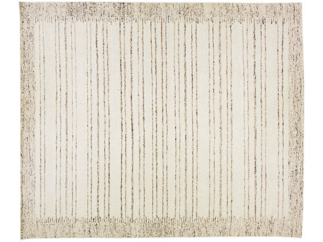 Modern Moroccan Style Beige Handmade Oversize Wool Rug With Stripe Motif