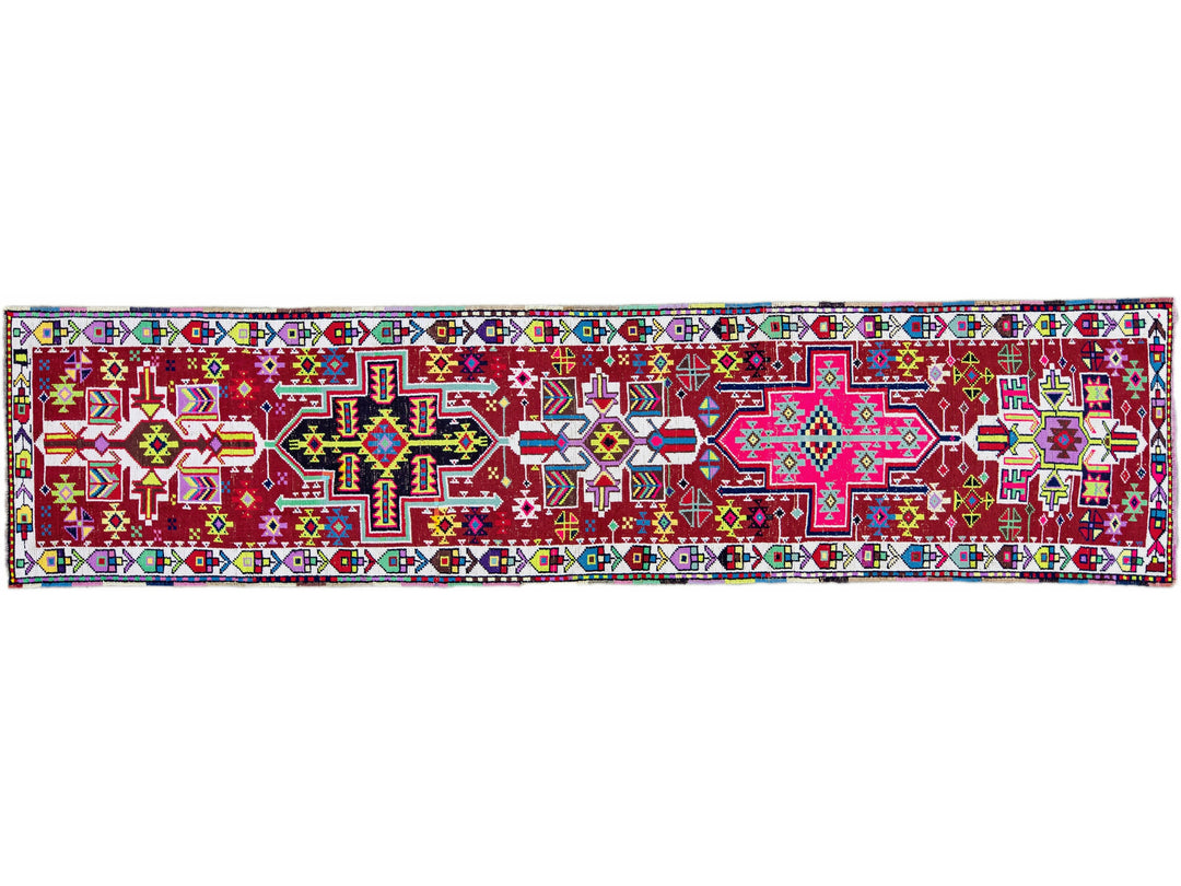 Vintage Red Turkish Handmade Multicolor Geometric Pattern Wool Runner