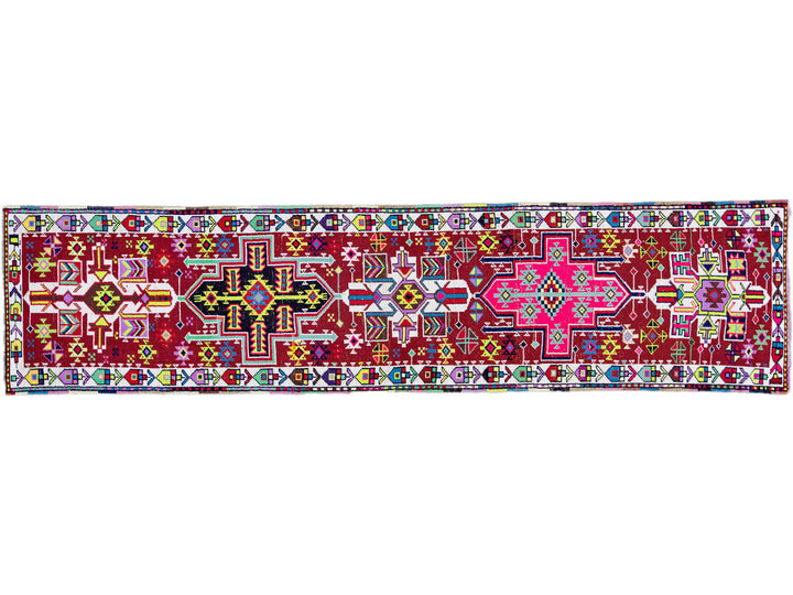 Vintage Red Turkish Handmade Multicolor Geometric Pattern Wool Runner