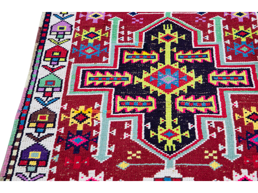 Vintage Red Turkish Handmade Multicolor Geometric Pattern Wool Runner
