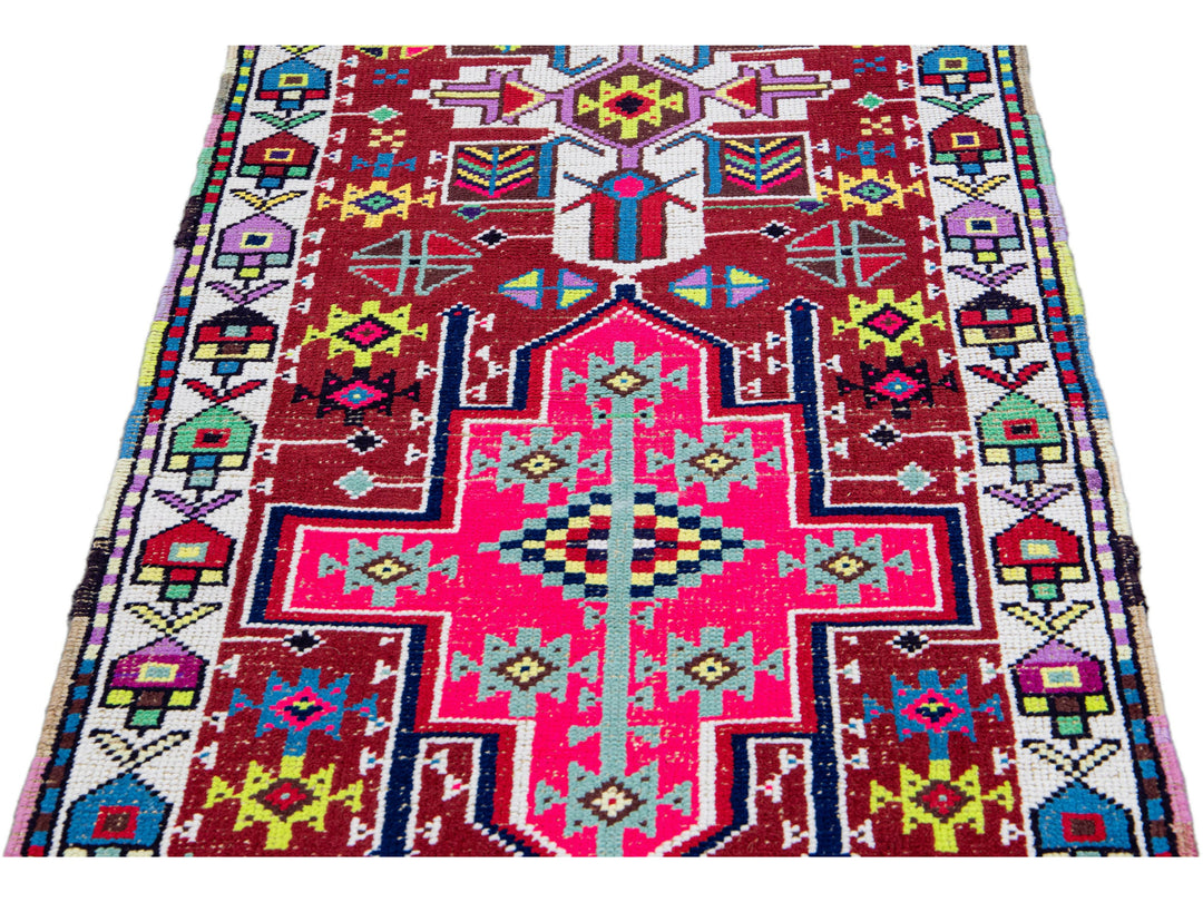 Vintage Red Turkish Handmade Multicolor Geometric Pattern Wool Runner