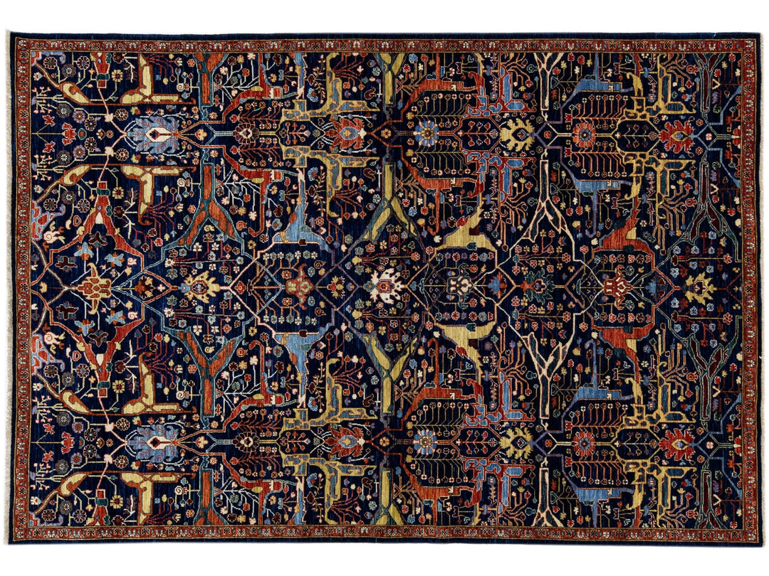 Modern Bidjar Style Handmade Dark Blue Wool Rug With Allover Motif
