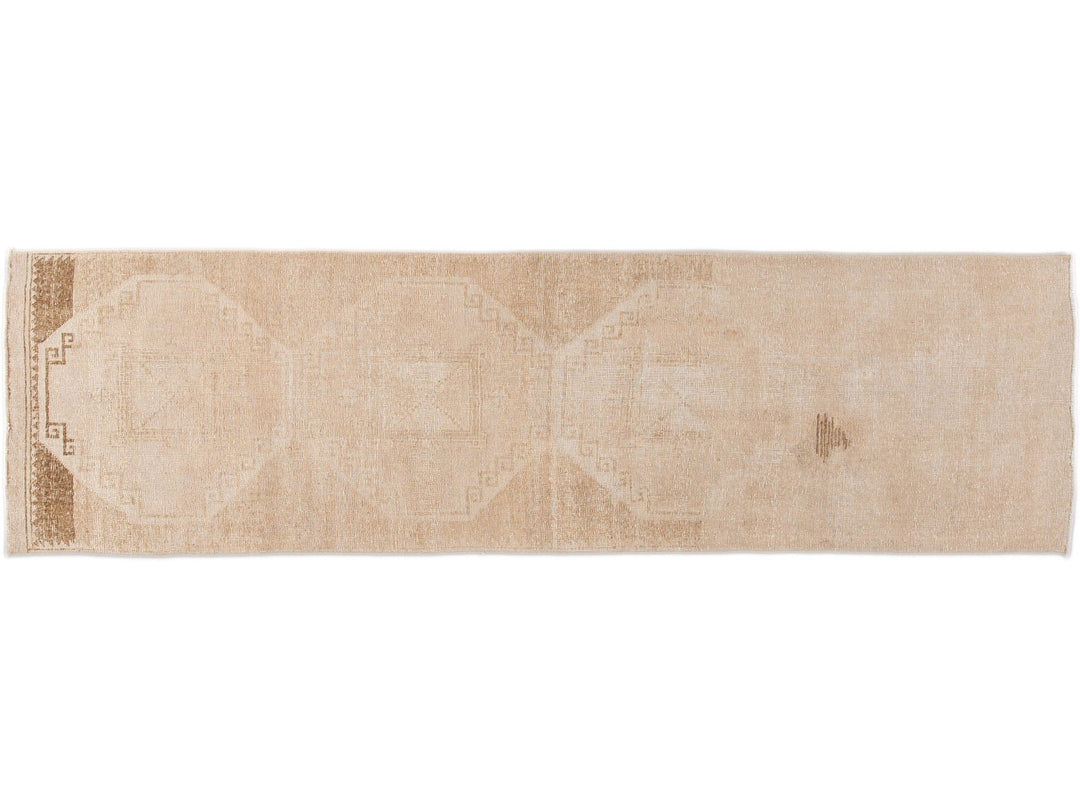 Vintage Turkish Handmade Beige Tribal Wool Runner
