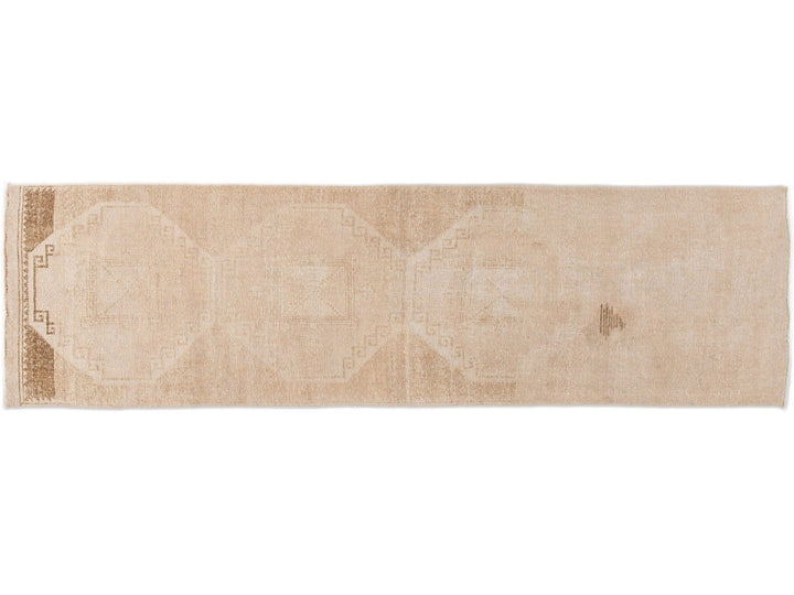 Vintage Turkish Handmade Beige Tribal Wool Runner
