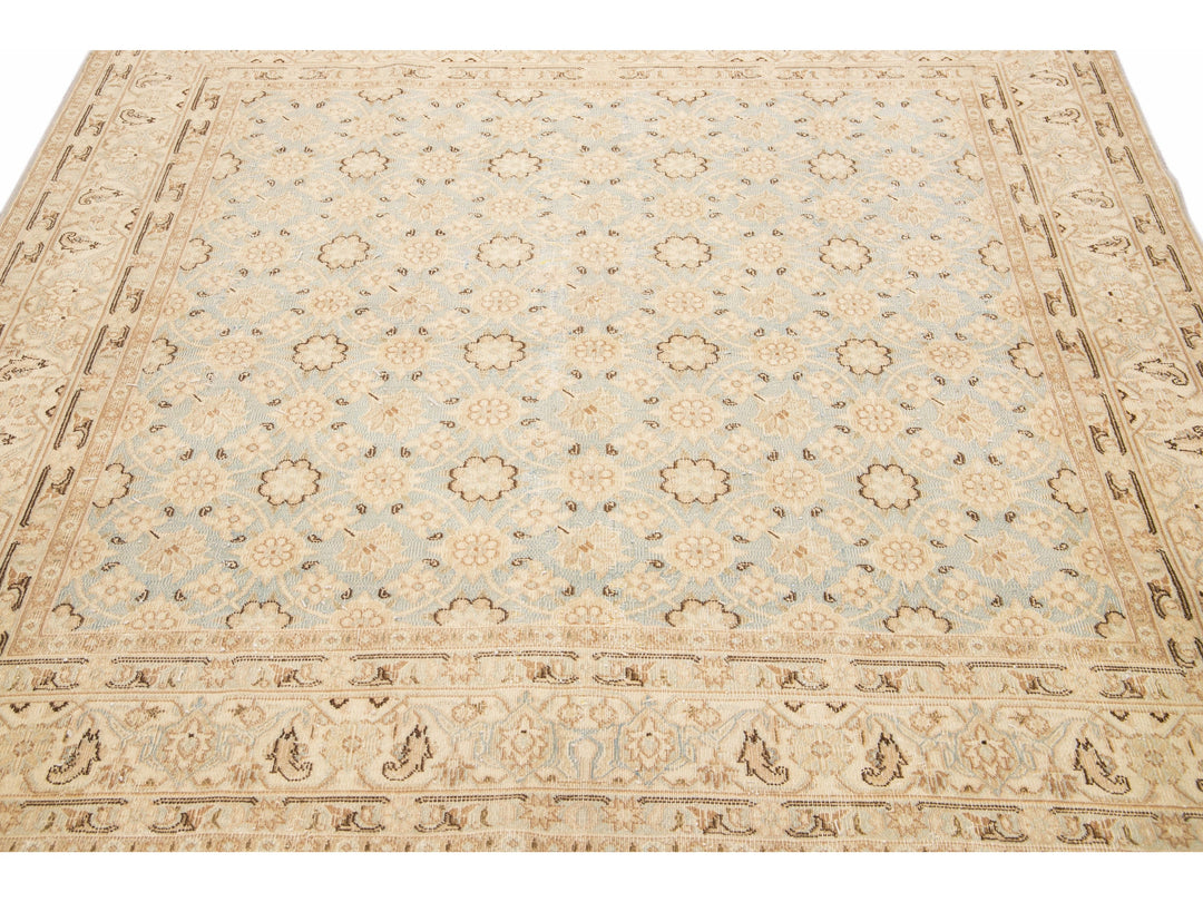 Antique Persian Tabriz Handmade Floral Beige And Blue Square Wool Rug