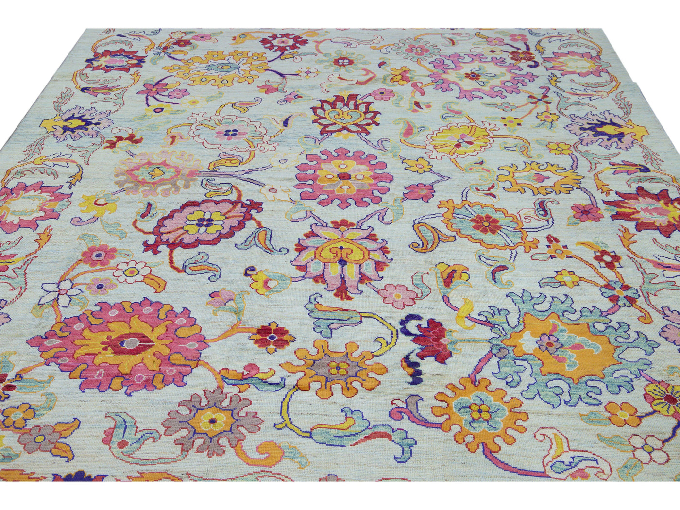 Modern Oushak Handmade Multicolor Floral Pattern Oversize Blue Wool Rug
