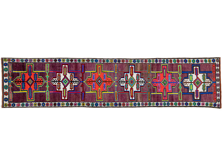Vintage Geometric Turkish Handmade Purple Wool Runner