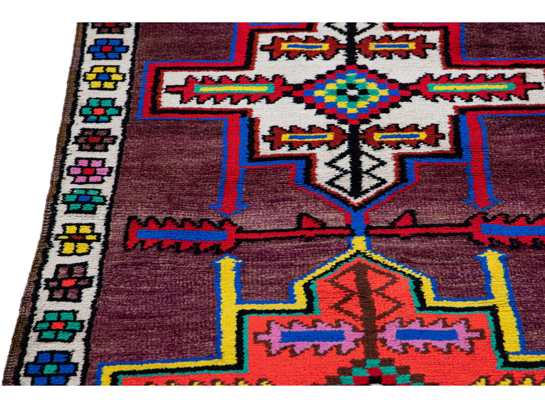 Vintage Geometric Turkish Handmade Purple Wool Runner