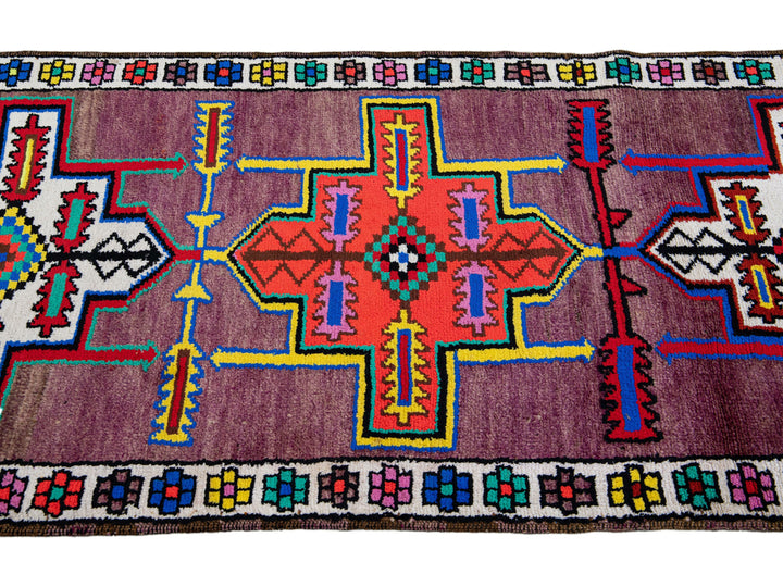 Vintage Geometric Turkish Handmade Purple Wool Runner
