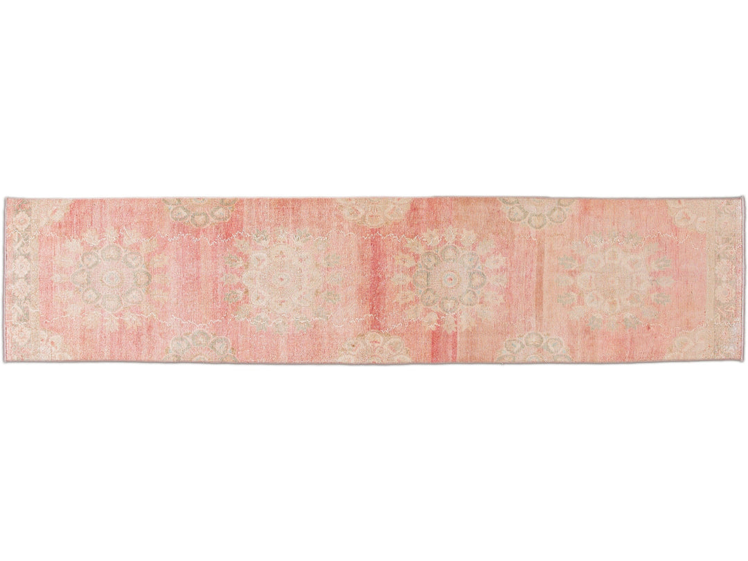 Vintage Turkish Handmade Pink Medallion Floral Wool Runner