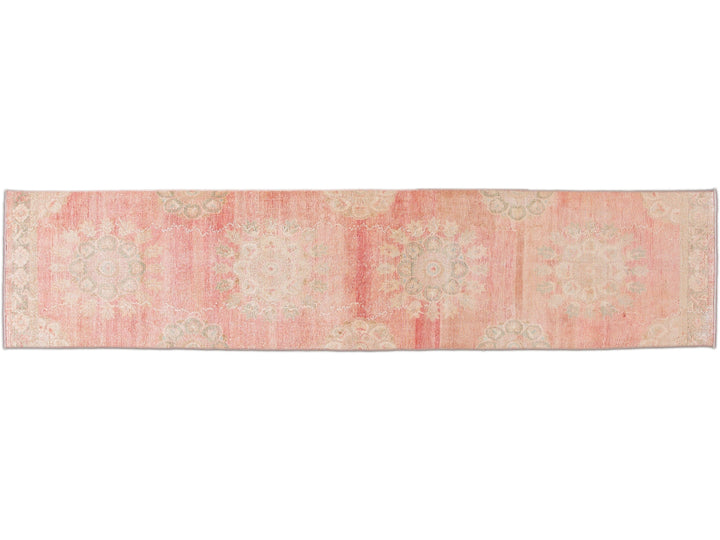 Vintage Turkish Handmade Pink Medallion Floral Wool Runner
