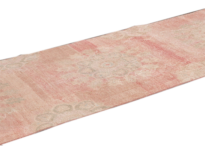 Vintage Turkish Handmade Pink Medallion Floral Wool Runner