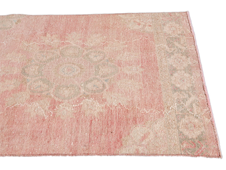 Vintage Turkish Handmade Pink Medallion Floral Wool Runner