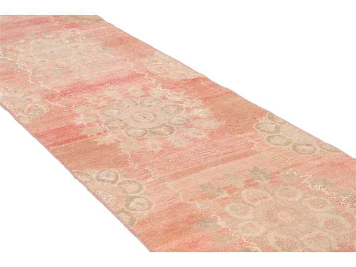 Vintage Turkish Handmade Pink Medallion Floral Wool Runner