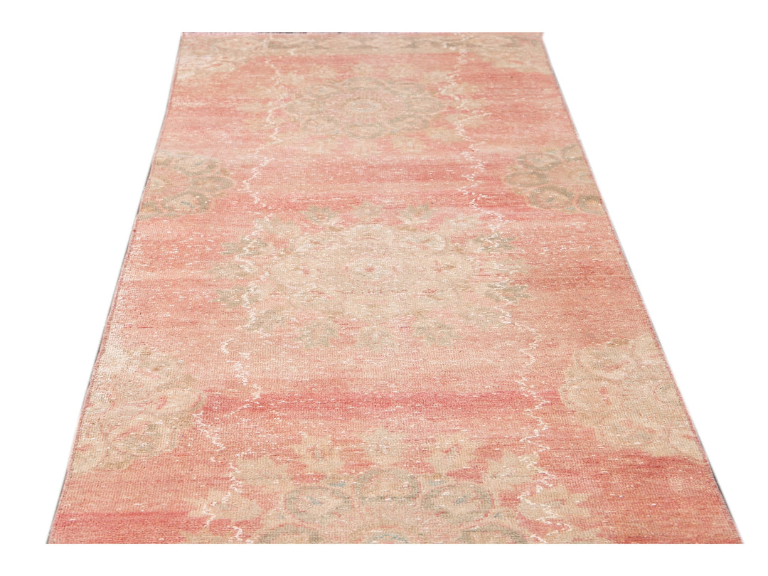 Vintage Turkish Handmade Pink Medallion Floral Wool Runner