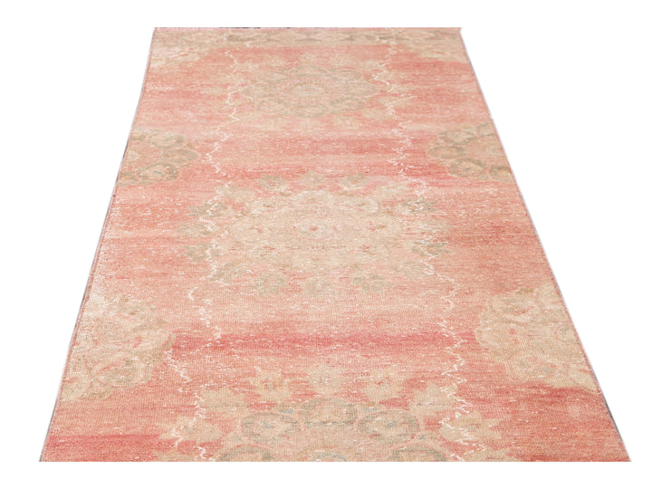 Vintage Turkish Handmade Pink Medallion Floral Wool Runner
