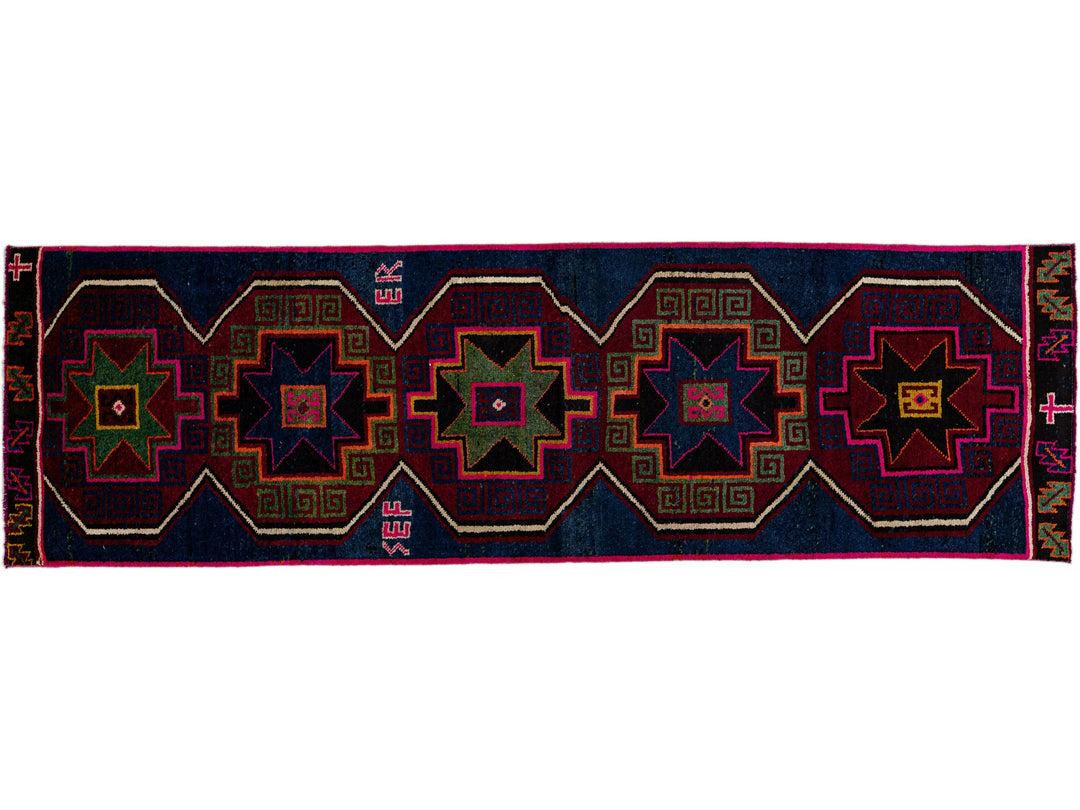 Vintage Turkish Handmade Tribal Blue Wool Runner