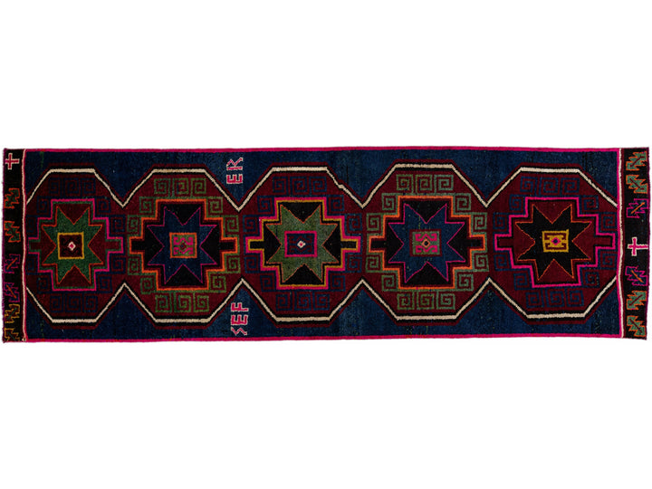 Vintage Turkish Handmade Tribal Blue Wool Runner