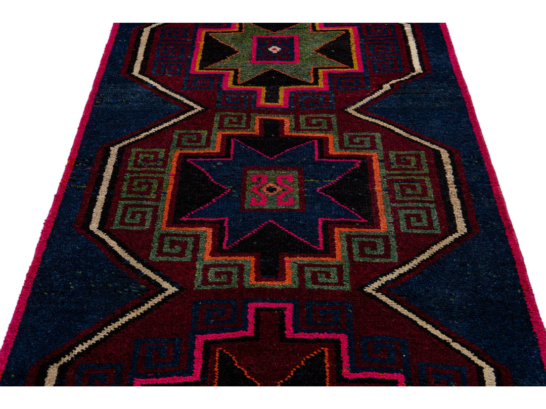 Vintage Turkish Handmade Tribal Blue Wool Runner