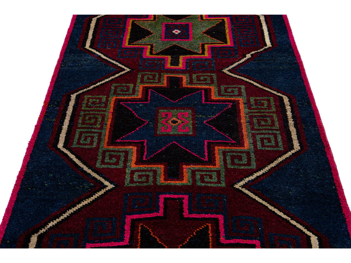 Vintage Turkish Handmade Tribal Blue Wool Runner