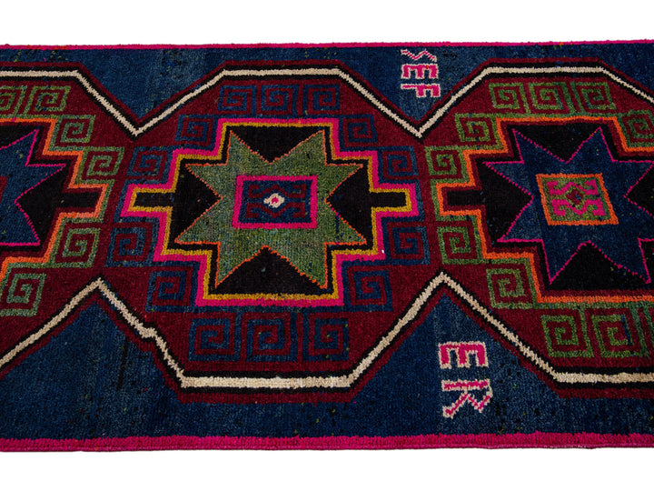Vintage Turkish Handmade Tribal Blue Wool Runner
