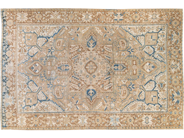 Antique Persian Heriz Handmade Medallion Tan and Blue Wool Rug