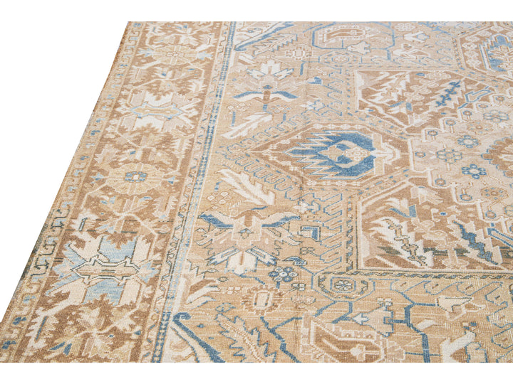 Antique Persian Heriz Handmade Medallion Tan and Blue Wool Rug