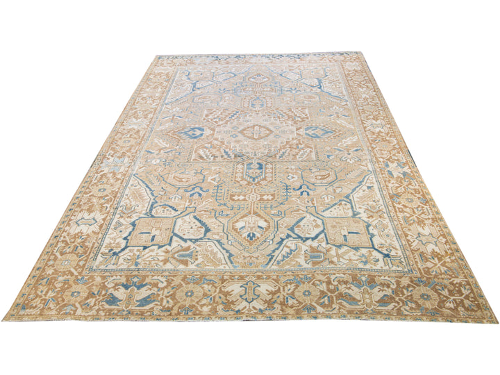 Antique Persian Heriz Handmade Medallion Tan and Blue Wool Rug