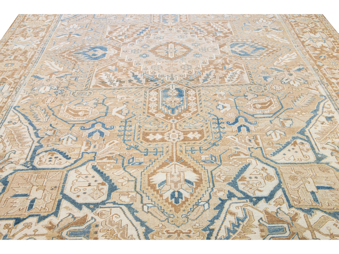 Antique Persian Heriz Handmade Medallion Tan and Blue Wool Rug
