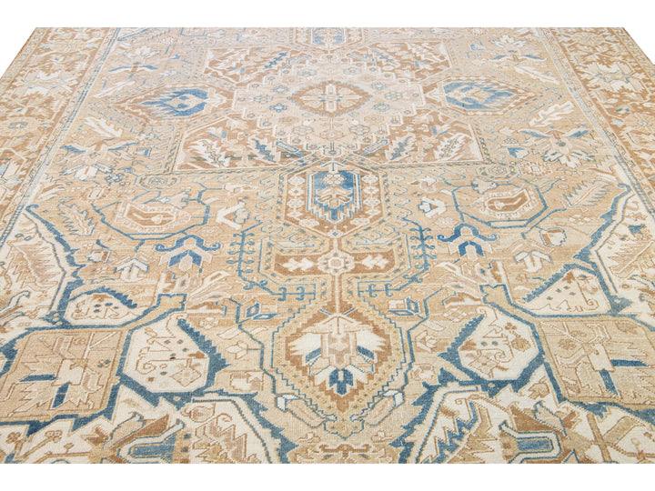 Antique Persian Heriz Handmade Medallion Tan and Blue Wool Rug