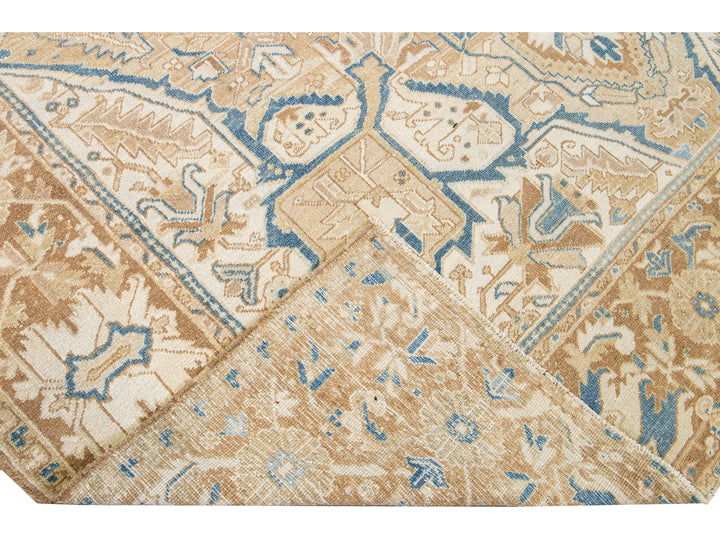 Antique Persian Heriz Handmade Medallion Tan and Blue Wool Rug